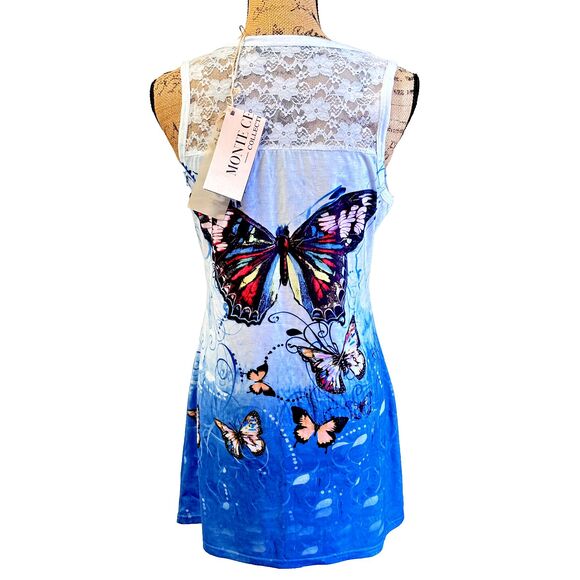 Monte Cervino Women's  Blue Butterfly Print Mini Lace Back Dress Tunic Sz L/XL - Picture 3 of 11